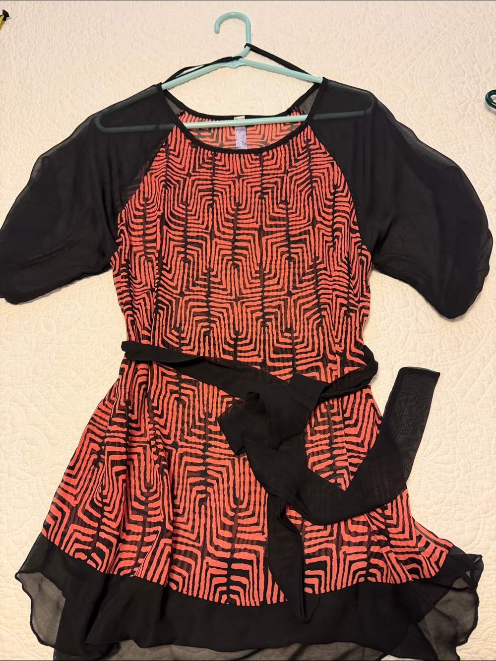 Alya Coral and Black Geometric Chiffon Blouse top with Sash